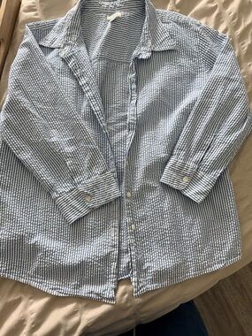 L.L. Bean Blue and White Striped Seersucker Button-Down Shirt
